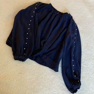 ZARA| 🌊 NAVY Faux Pearly-Sleeved Cuffed Blouse
